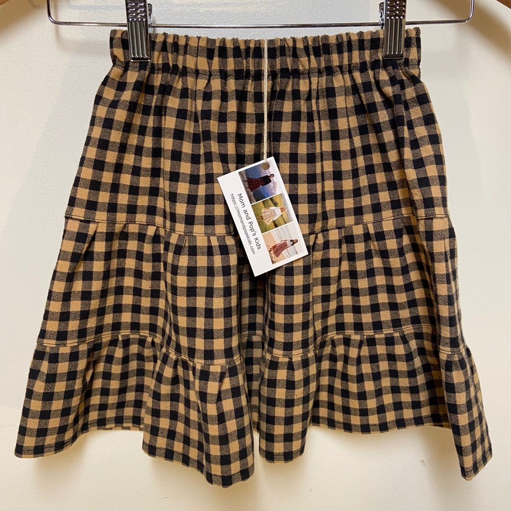 Girls Midi Mom and Pop's Kids Skirt Size 2/3 Tan Gingham Upcycled Cotton Canvas
